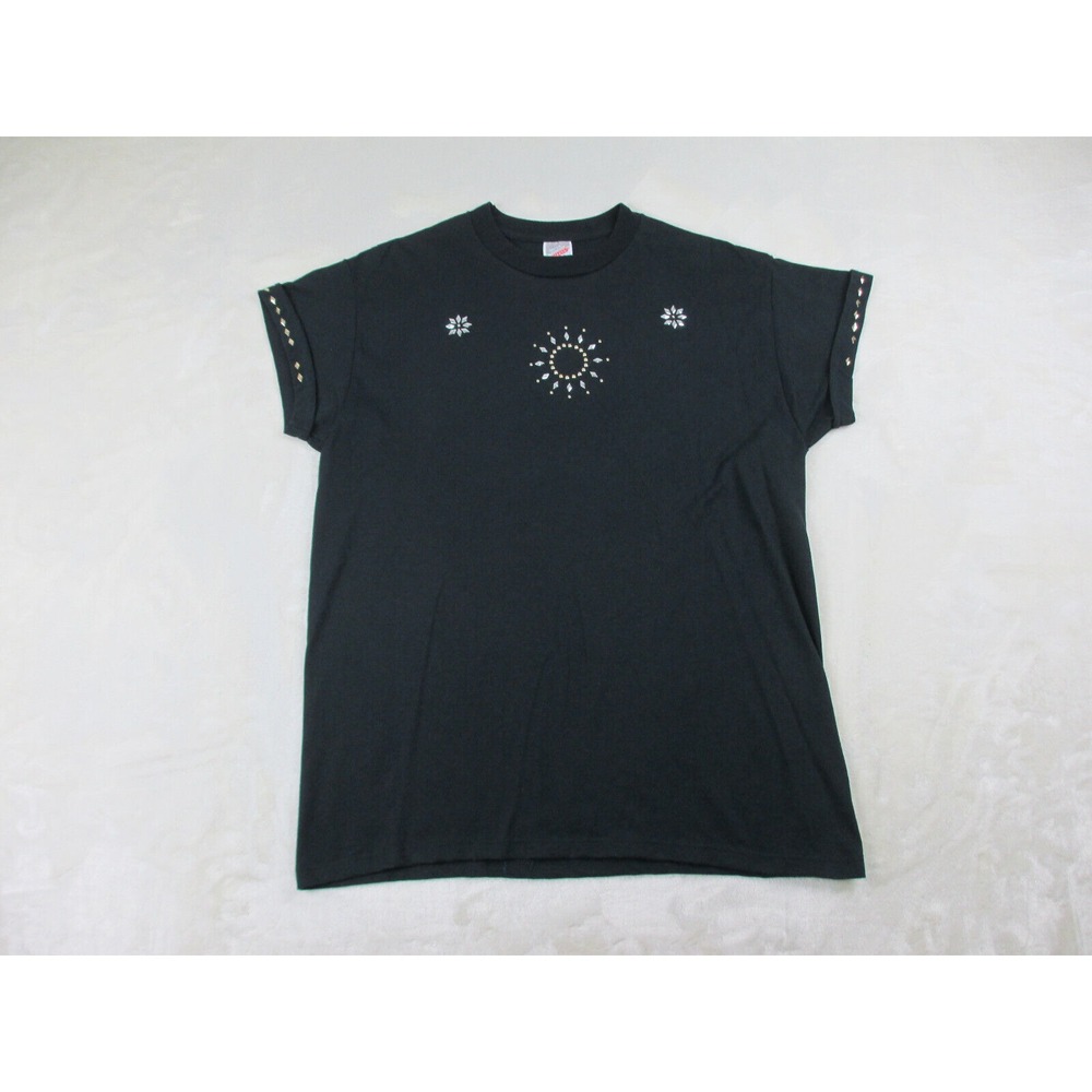 VINTAGE Jerzees Shirt Womens Large Black Rhinestones Bedazzled Casual Ladies*